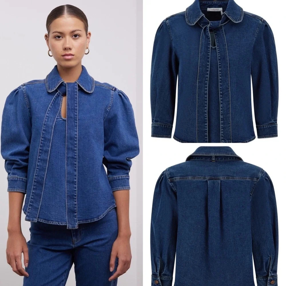 SEE BY CHLOE Tie-Neck Shirt Denim Jeans Blouse Top Preppy Puff Sleeve US 8 - Picture 4 of 16